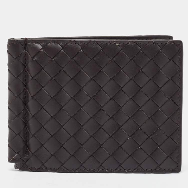 Pre Owned Bottega Veneta Dark Brown Intrecciato Leather Bill Clip Wallet