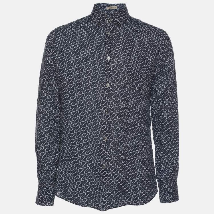 Pre Owned Bottega Veneta Blue Printed Long Sleeve Button Front Shirt M