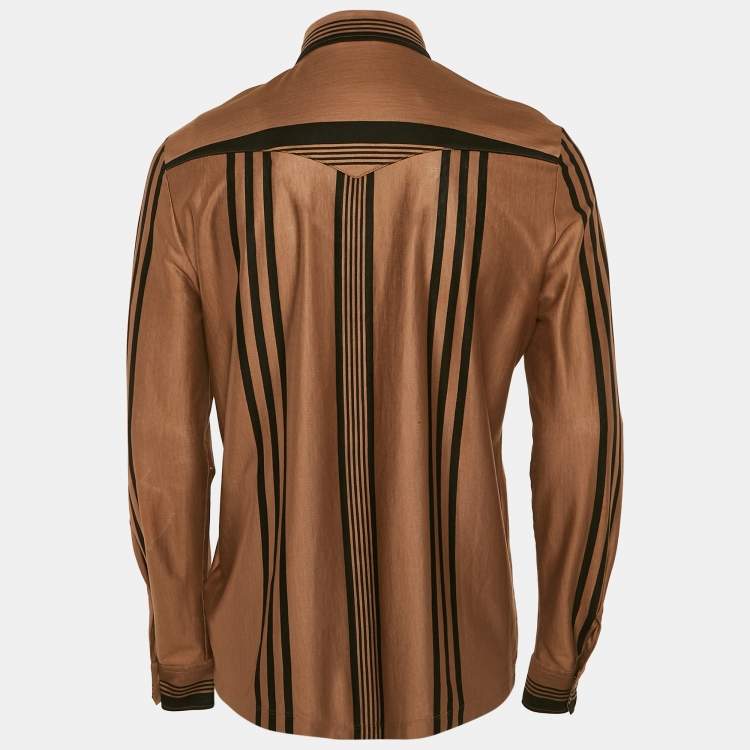 Pre Owned Bottega Veneta Brown Striped Cotton Knit Button Front Shirt L