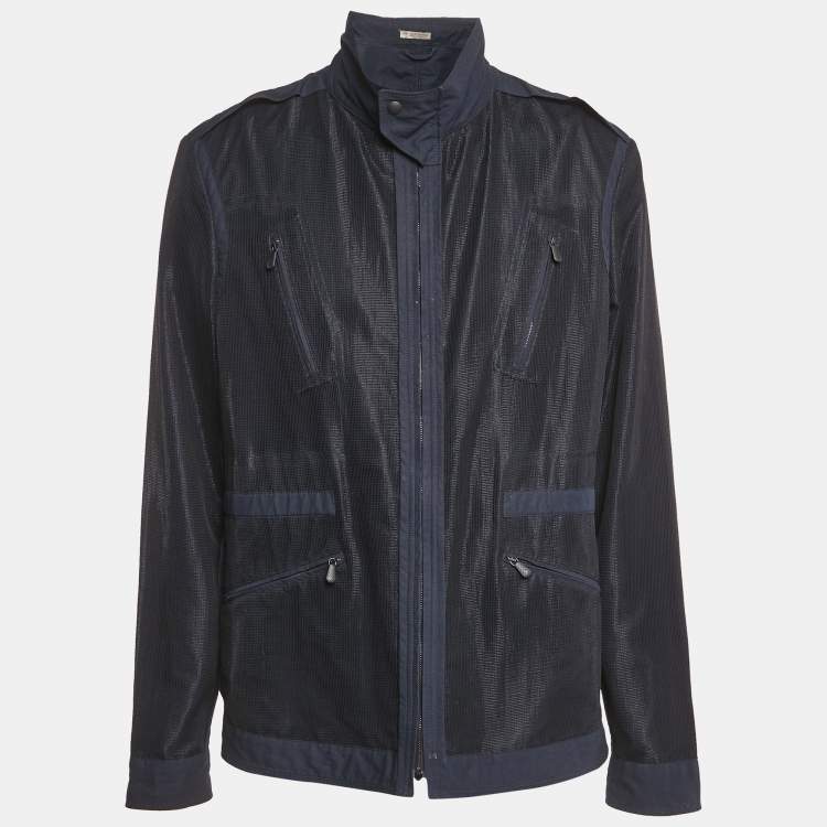 Pre Owned Bottega Veneta Navy Blue Cotton and Mesh Zip-Up Jacket XXXL