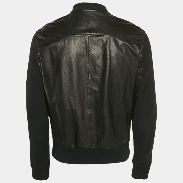 Pre Owned Bottega Veneta Black Leather and Knit Zip-UP Jacket XL