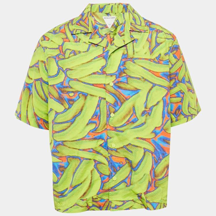 Pre Owned Bottega Veneta Neon Green Printed Synthetic Short Sleeve Shirt L