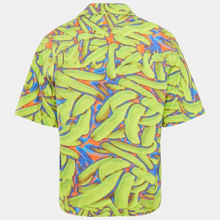 Pre Owned Bottega Veneta Neon Green Printed Synthetic Short Sleeve Shirt L