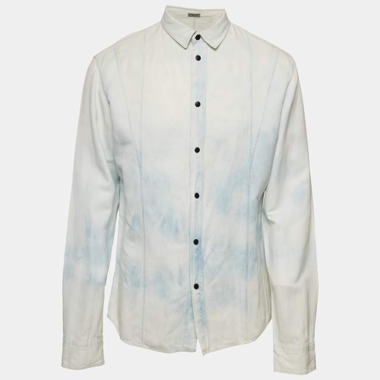 Pre Owned Bottega Veneta Light Blue Washed Effect Cotton Blend Button Front Shirt XL