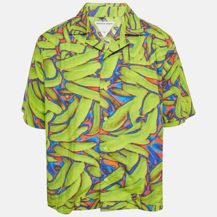 Pre Owned Bottega Veneta Neon Green Printed Synthetic Short Sleeve Shirt L