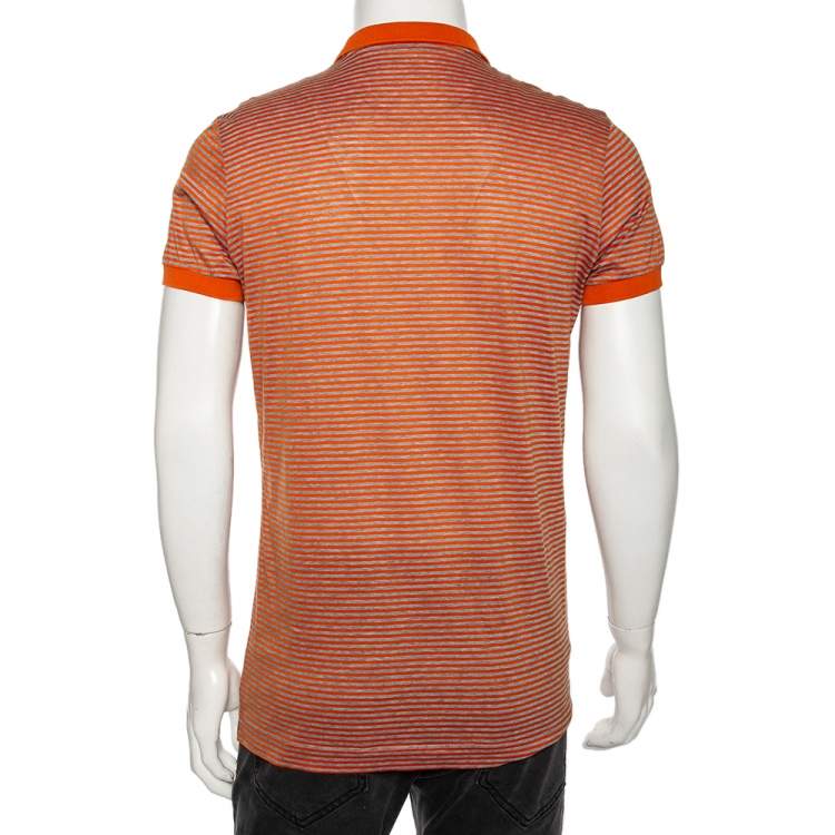 Pre Owned Bottega Veneta Orange & Grey Cotton Striped Polo T Shirt L 