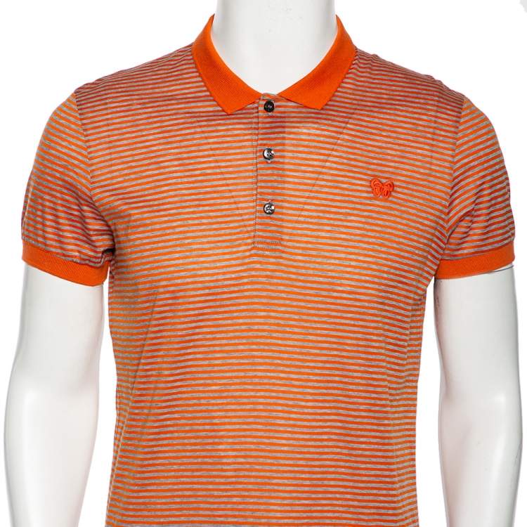 Pre Owned Bottega Veneta Orange & Grey Cotton Striped Polo T Shirt L 