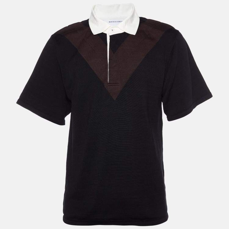 Pre Owned Bottega Veneta Black & Brown Cotton Knit Contrast Collar Polo T-Shirt L