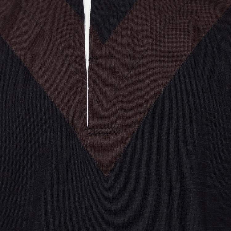 Pre Owned Bottega Veneta Black & Brown Cotton Knit Contrast Collar Polo T-Shirt L