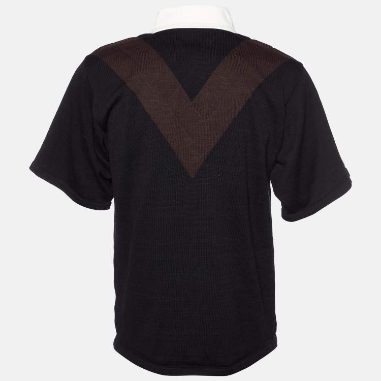 Pre Owned Bottega Veneta Black & Brown Cotton Knit Contrast Collar Polo T-Shirt L