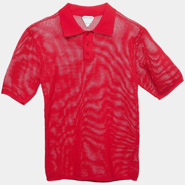 Pre Owned Bottega Veneta Red Mesh Polo T-Shirt L