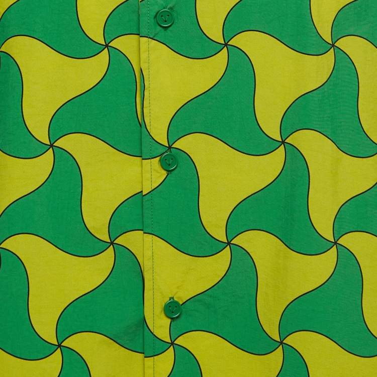 Pre Owned Bottega Veneta Green/Yellow Printed Nylon Bowling Shirt L