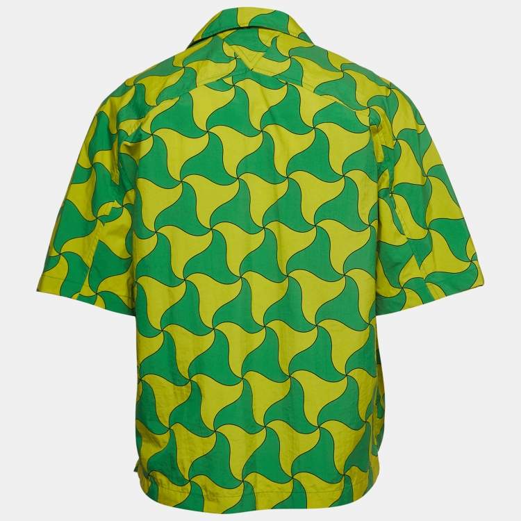 Pre Owned Bottega Veneta Green/Yellow Printed Nylon Bowling Shirt L