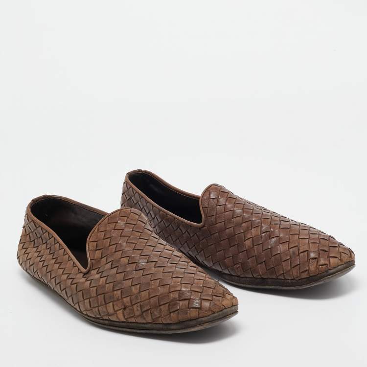 Pre Owned Bottega Veneta Brown Intrecciato Leather Slip On Loafers Size 43