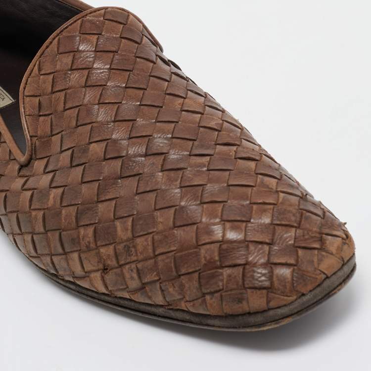 Pre Owned Bottega Veneta Brown Intrecciato Leather Slip On Loafers Size 43
