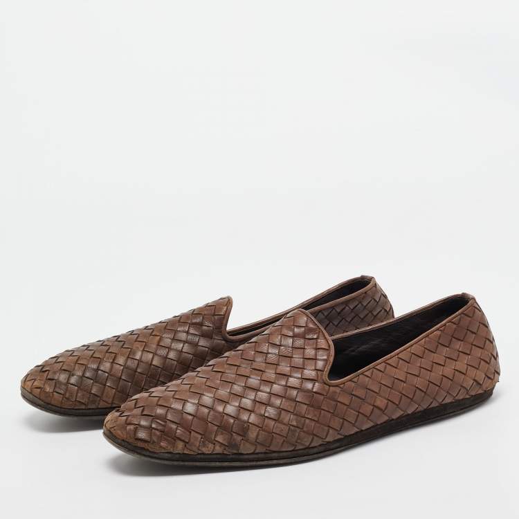 Pre Owned Bottega Veneta Brown Intrecciato Leather Slip On Loafers Size 43