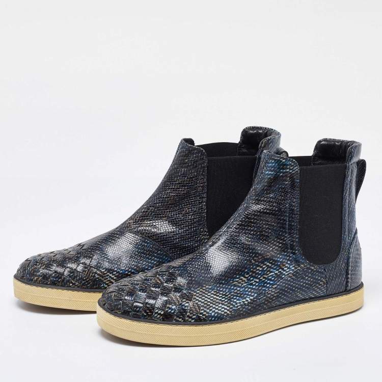 Pre Owned Bottega Veneta Navy Blue Karung Chelsea Boots Size 39