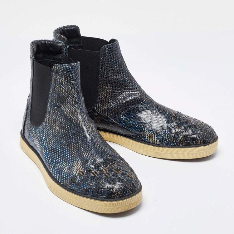 Pre Owned Bottega Veneta Navy Blue Karung Chelsea Boots Size 39
