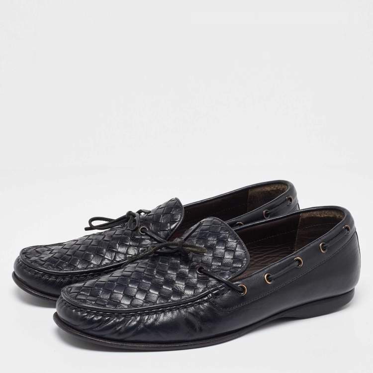 Pre Owned Bottega Veneta Black Intrecciato Leather Bow Slip on Loafers Size 42
