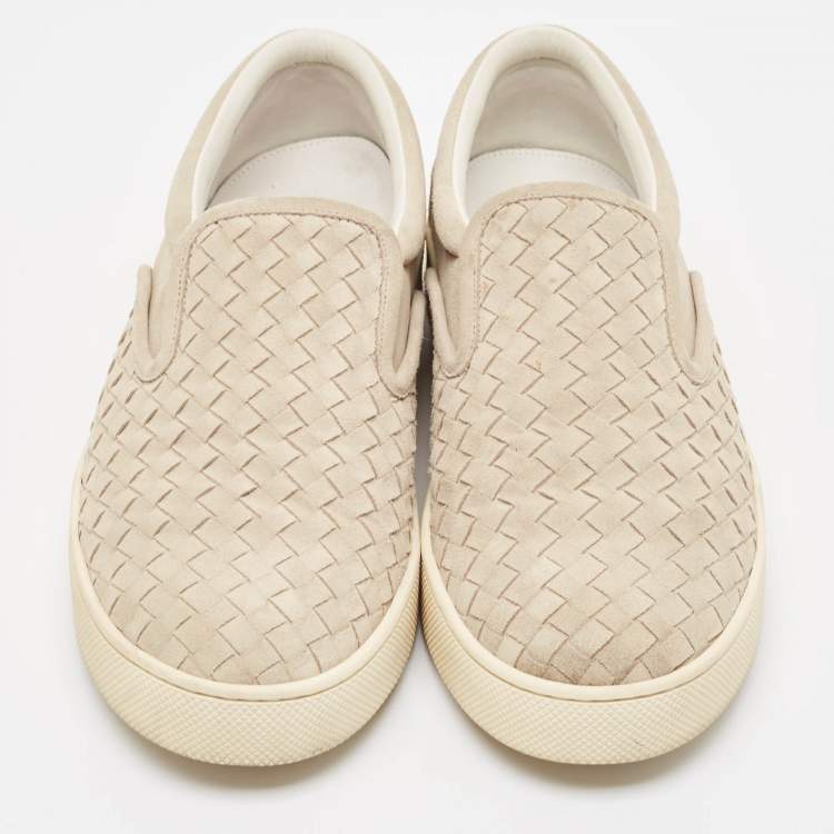 Pre Owned Bottega Veneta Grey Suede Intrecciato Slip On Sneakers Size 45