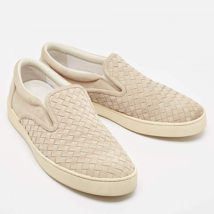 Pre Owned Bottega Veneta Grey Suede Intrecciato Slip On Sneakers Size 45