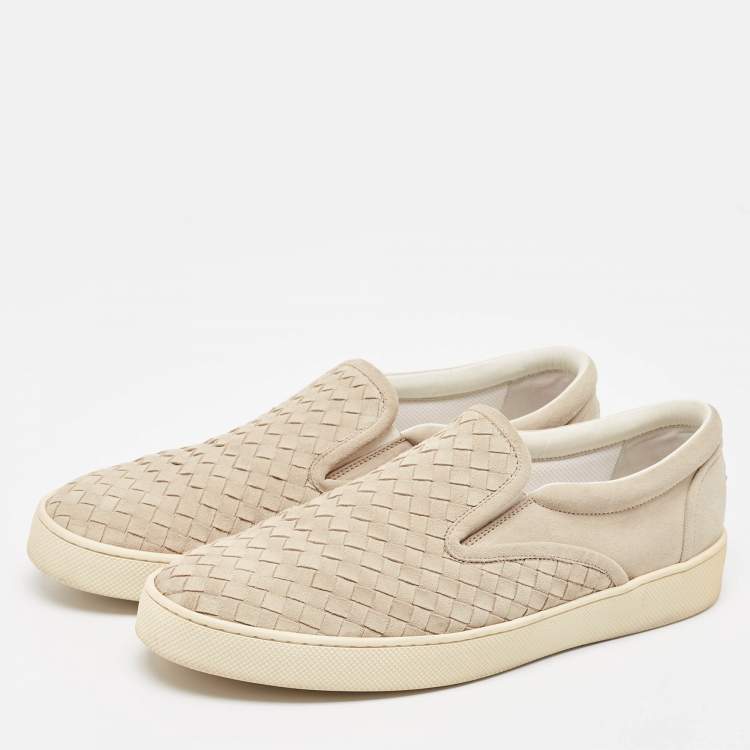 Pre Owned Bottega Veneta Grey Suede Intrecciato Slip On Sneakers Size 45