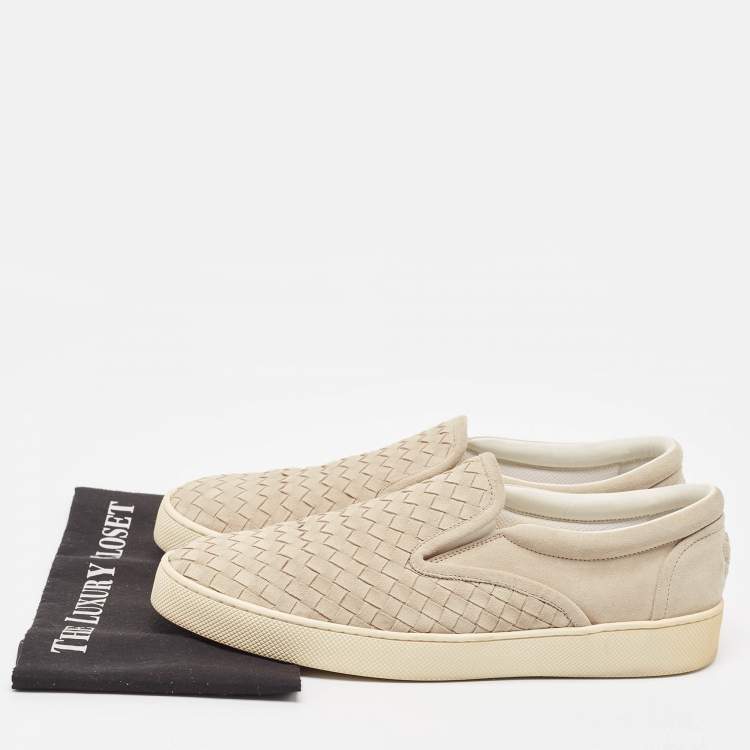 Pre Owned Bottega Veneta Grey Suede Intrecciato Slip On Sneakers Size 45