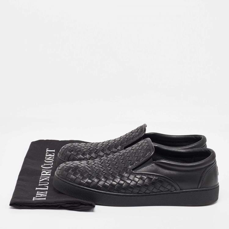 Pre Owned Bottega Veneta Black Intrecciato Leather Slip On Sneakers Size 42
