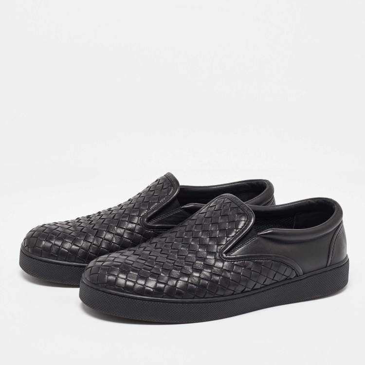 Pre Owned Bottega Veneta Black Intrecciato Leather Slip On Sneakers Size 42