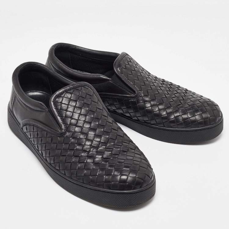 Pre Owned Bottega Veneta Black Intrecciato Leather Slip On Sneakers Size 42