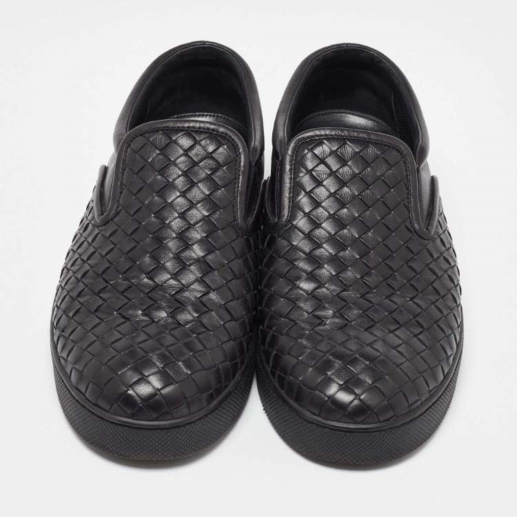 Pre Owned Bottega Veneta Black Intrecciato Leather Slip On Sneakers Size 42