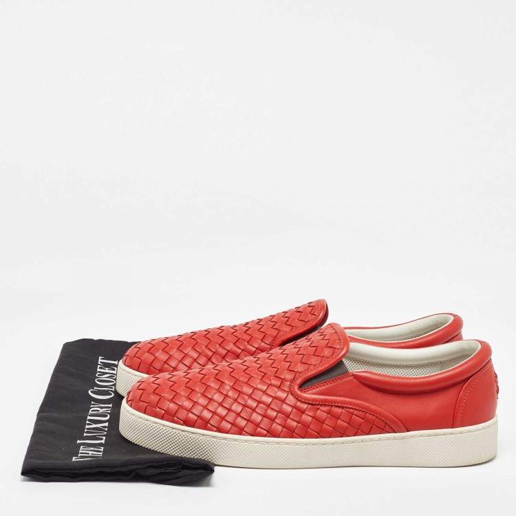 Pre Owned Bottega Veneta Orange Intrecciato Leather Slip On Sneakers Size 43