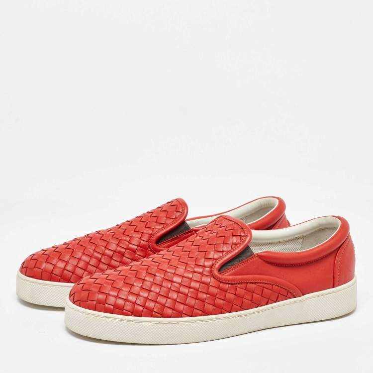 Pre Owned Bottega Veneta Orange Intrecciato Leather Slip On Sneakers Size 43