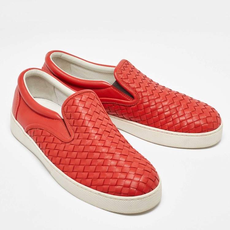 Pre Owned Bottega Veneta Orange Intrecciato Leather Slip On Sneakers Size 43