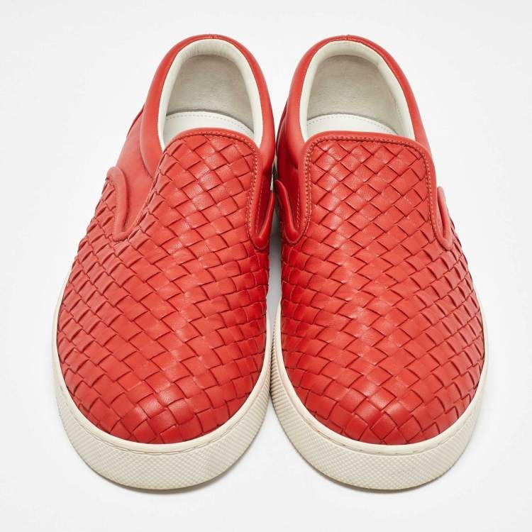 Pre Owned Bottega Veneta Orange Intrecciato Leather Slip On Sneakers Size 43