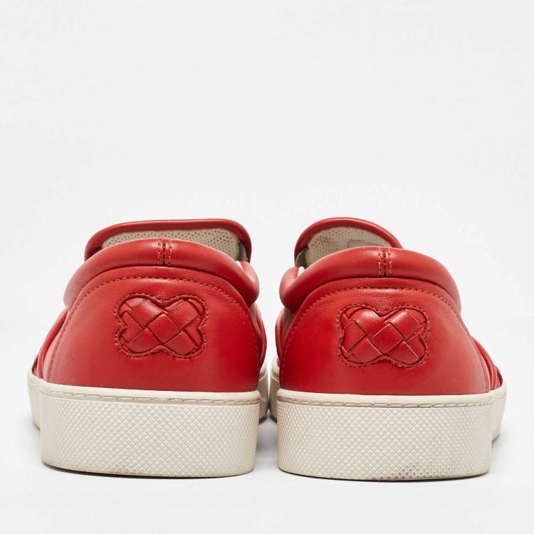 Pre Owned Bottega Veneta Orange Intrecciato Leather Slip On Sneakers Size 43