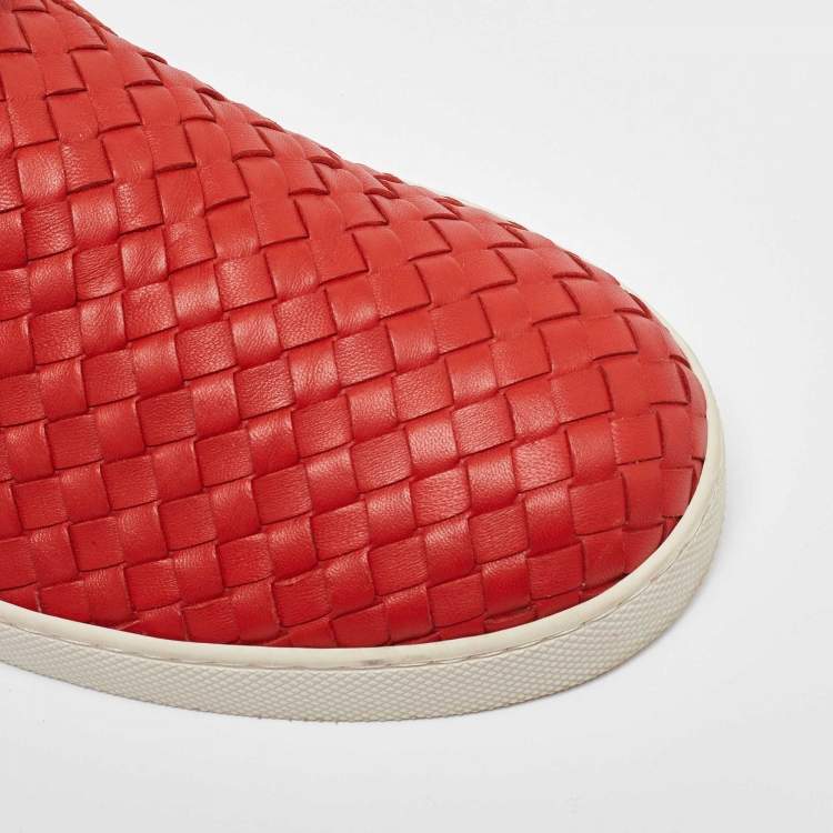 Pre Owned Bottega Veneta Orange Intrecciato Leather Slip On Sneakers Size 43