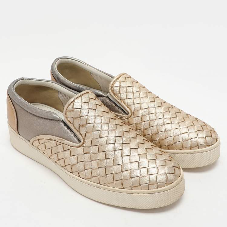 Pre Owned Bottega Veneta Gold/Silver Intrecciato Leather Dodger Slip On Sneakers Size 40
