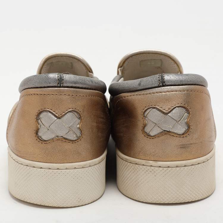 Pre Owned Bottega Veneta Gold/Silver Intrecciato Leather Dodger Slip On Sneakers Size 40