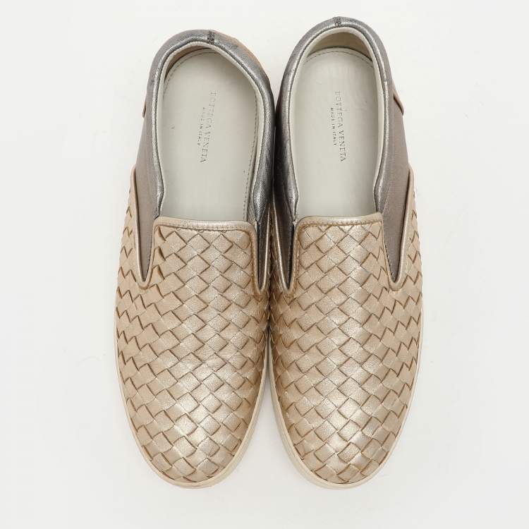 Pre Owned Bottega Veneta Gold/Silver Intrecciato Leather Dodger Slip On Sneakers Size 40