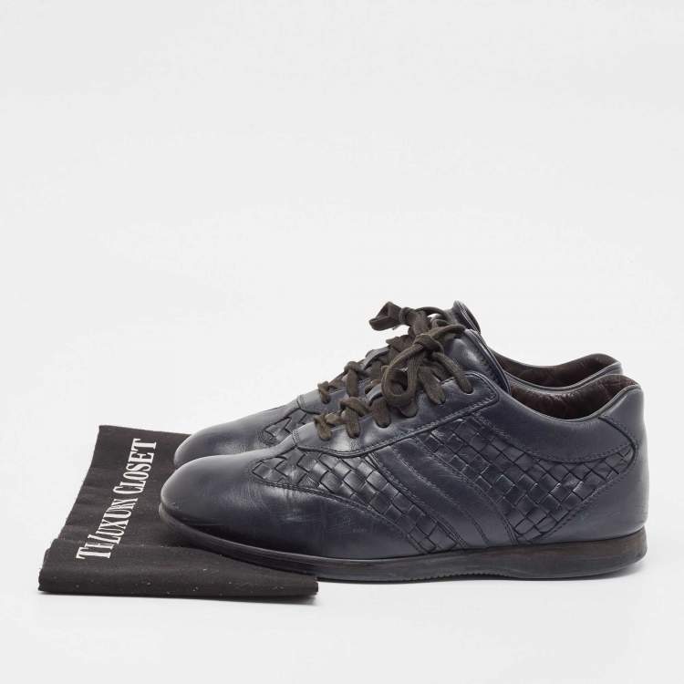 Pre Owned Bottega Veneta Navy Blue Intrecciato Lace Up Sneakers Size 41
