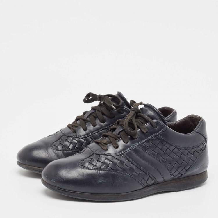 Pre Owned Bottega Veneta Navy Blue Intrecciato Lace Up Sneakers Size 41