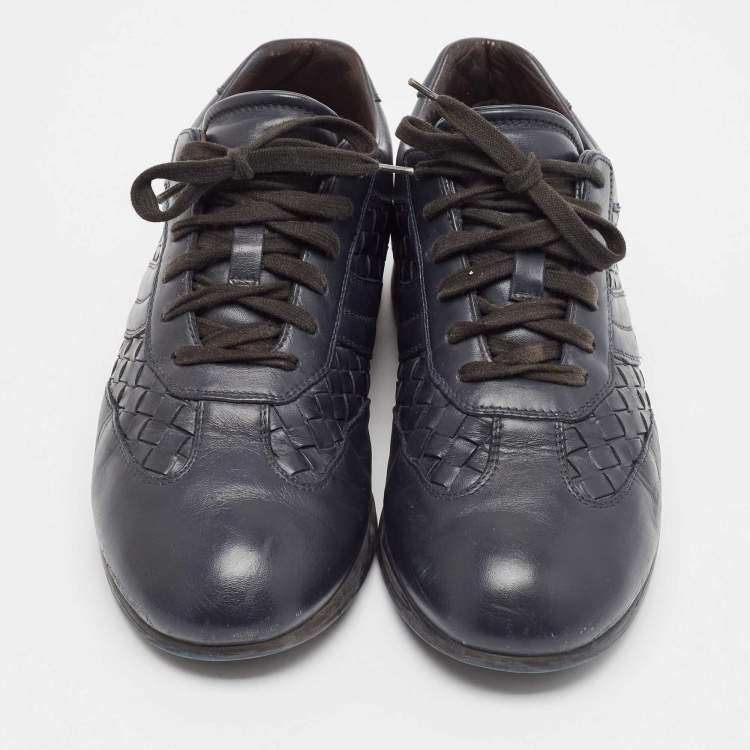 Pre Owned Bottega Veneta Navy Blue Intrecciato Lace Up Sneakers Size 41
