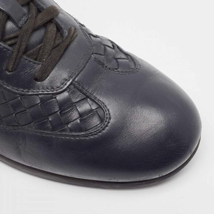 Pre Owned Bottega Veneta Navy Blue Intrecciato Lace Up Sneakers Size 41