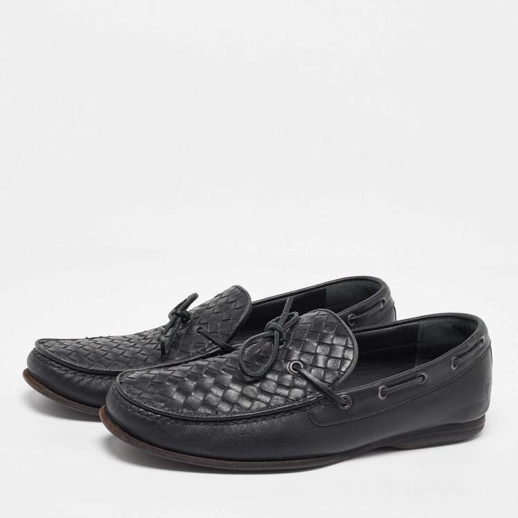 Pre Owned Bottega Veneta Black Intrecciato Leather Bow Slip on Loafers Size 41.5