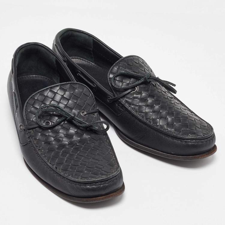 Pre Owned Bottega Veneta Black Intrecciato Leather Bow Slip on Loafers Size 41.5