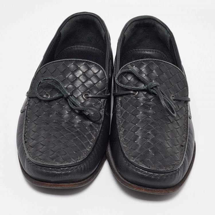 Pre Owned Bottega Veneta Black Intrecciato Leather Bow Slip on Loafers Size 41.5