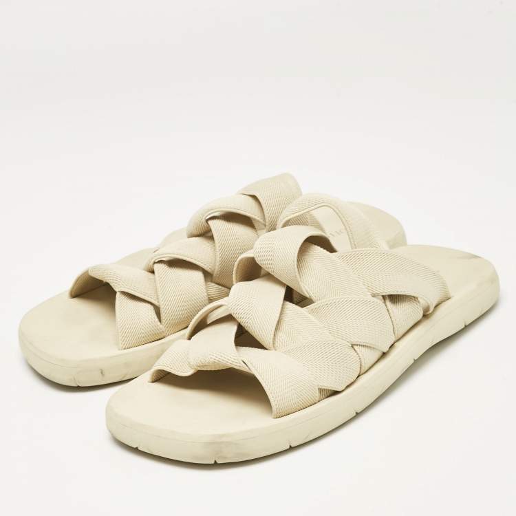 Pre Owned Bottega Veneta Cream Intrecciato Fabric Slide Sandals Size 40