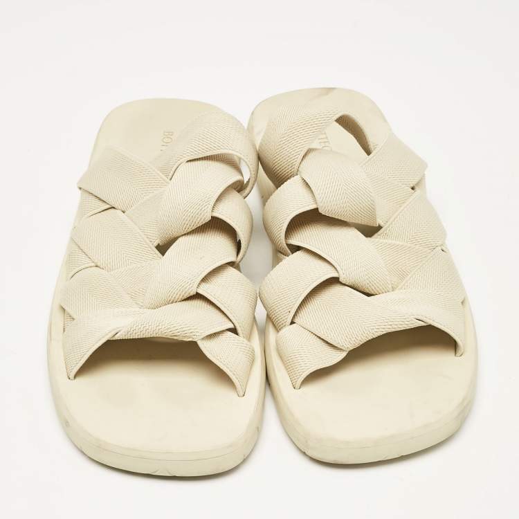 Pre Owned Bottega Veneta Cream Intrecciato Fabric Slide Sandals Size 40