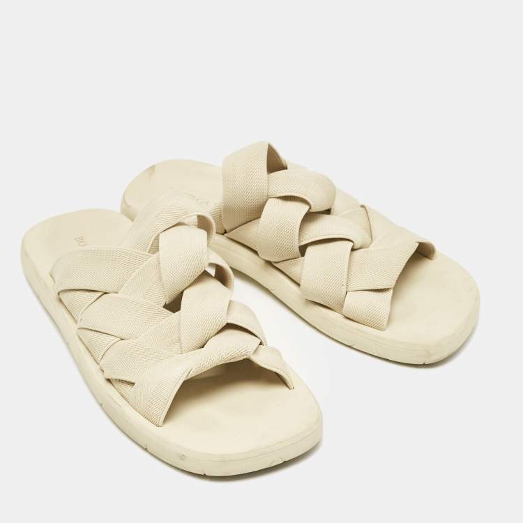 Pre Owned Bottega Veneta Cream Intrecciato Fabric Slide Sandals Size 40